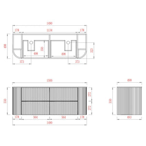 VITO ARDEN-D WALNUT 1500MM FLUTED CURVED DOUBLE BOWL WALL HUNG VANITY