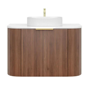 VITO ARDEN-S WALNUT 600MM FLUTED CURVED SINGLE BOWL WALL HUNG VANITY