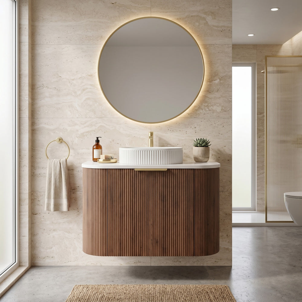 VITO ARDEN-S PRIME OAK 600MM FLUTED CURVED SINGLE BOWL WALL HUNG VANITY