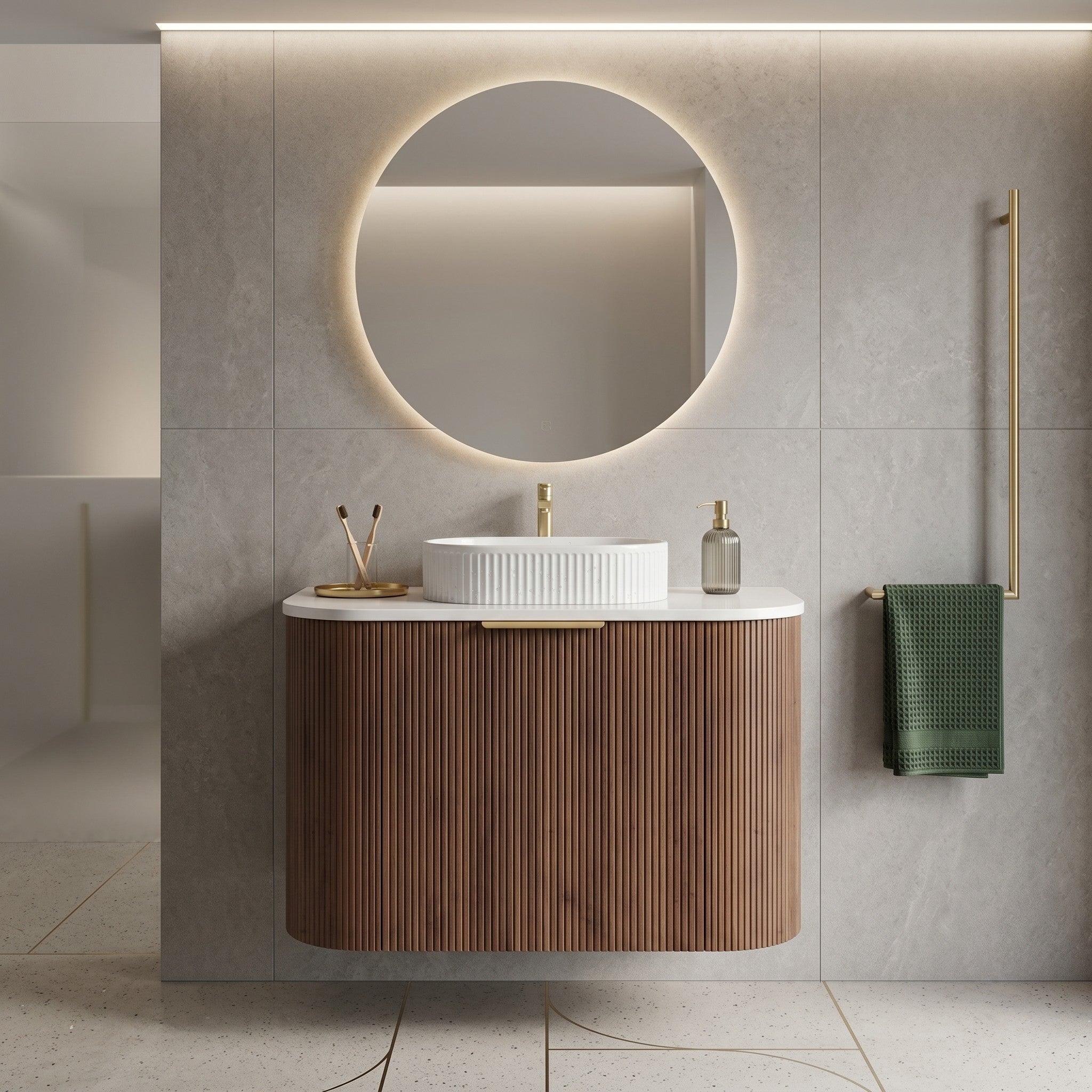 VITO ARDEN-S PRIME OAK 750MM FLUTED CURVED SINGLE BOWL WALL HUNG VANITY