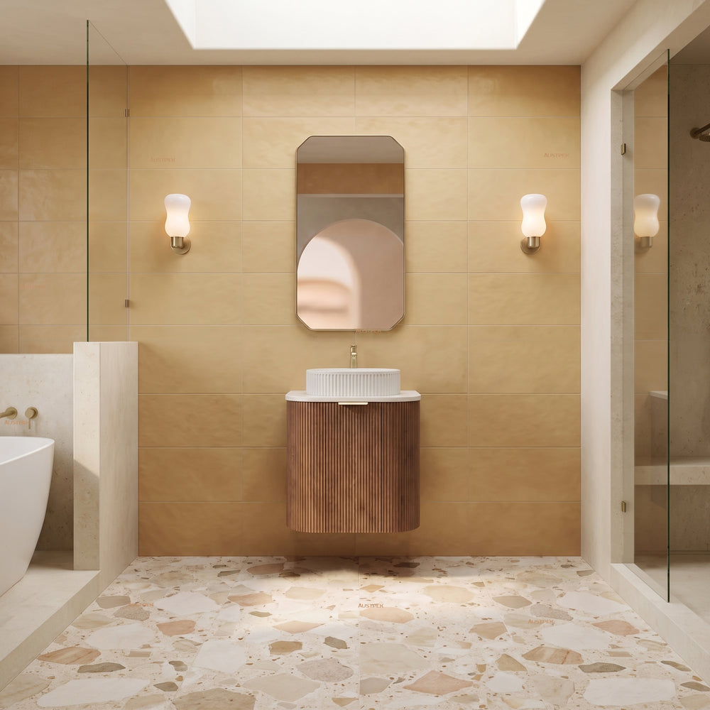 VITO ARDEN-S PRIME OAK 600MM FLUTED CURVED SINGLE BOWL WALL HUNG VANITY