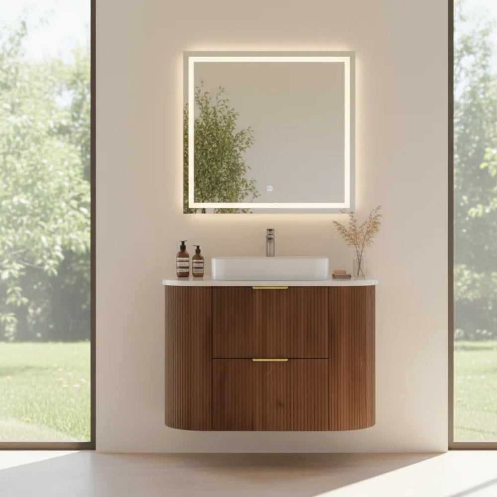 VITO ARDEN-D WALNUT 600MM FLUTED CURVED SINGLE BOWL WALL HUNG VANITY