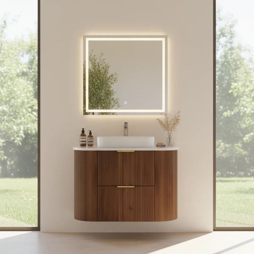 VITO ARDEN-D WALNUT 750MM FLUTED CURVED SINGLE BOWL WALL HUNG VANITY