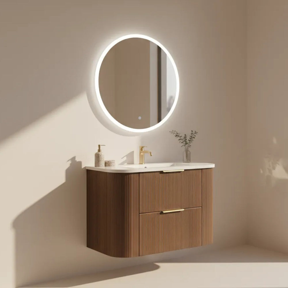 VITO ARDEN-D WALNUT 750MM FLUTED CURVED SINGLE BOWL WALL HUNG VANITY