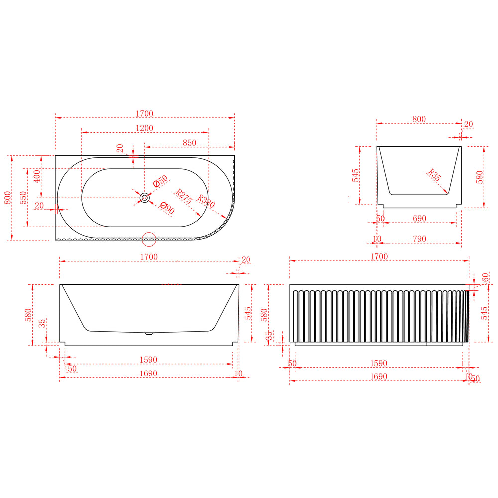 INFINITY ARTEMIS LEFT CORNER BATHTUB MATTE WHITE 1700MM