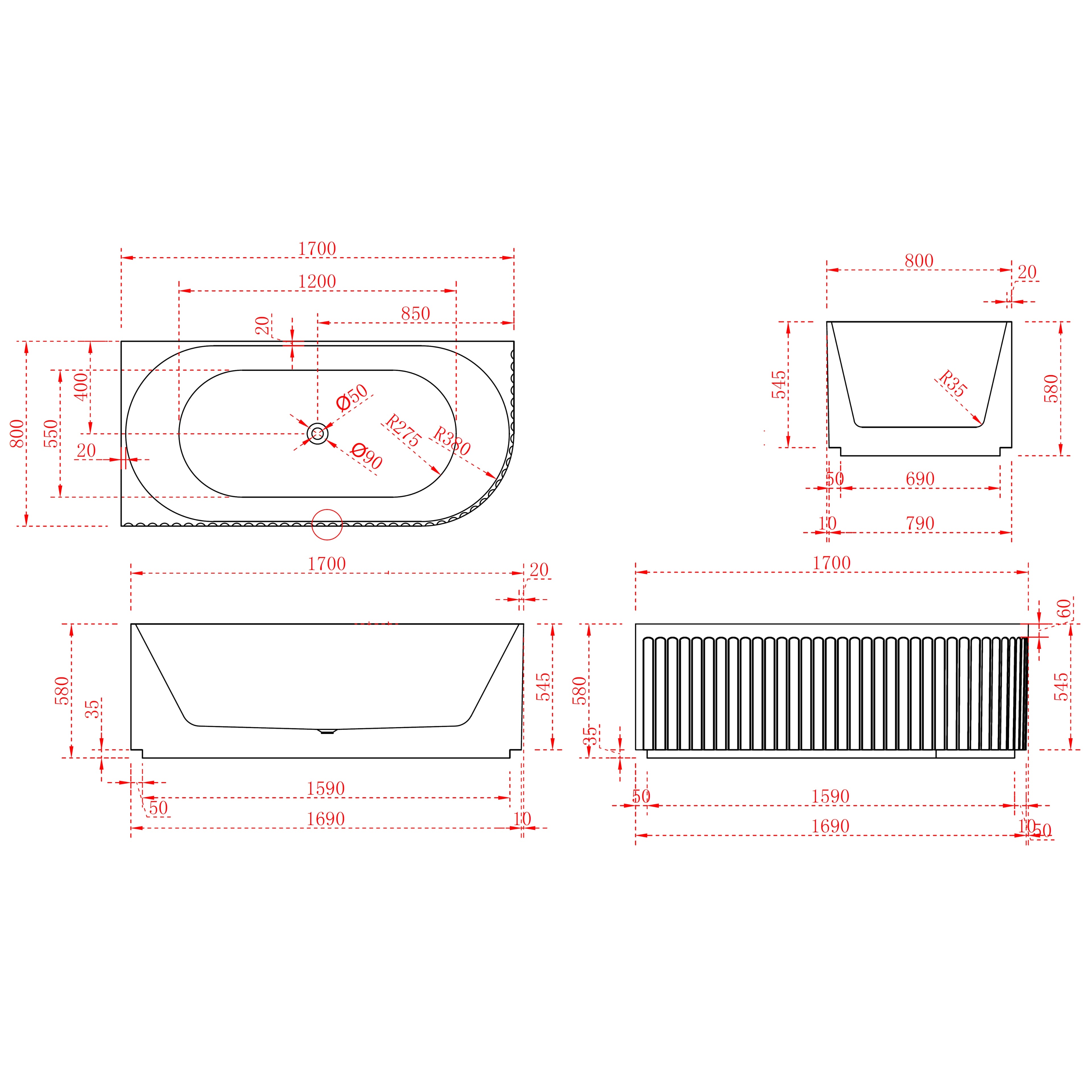 INFINITY ARTEMIS LEFT CORNER BATHTUB MATTE WHITE 1700MM