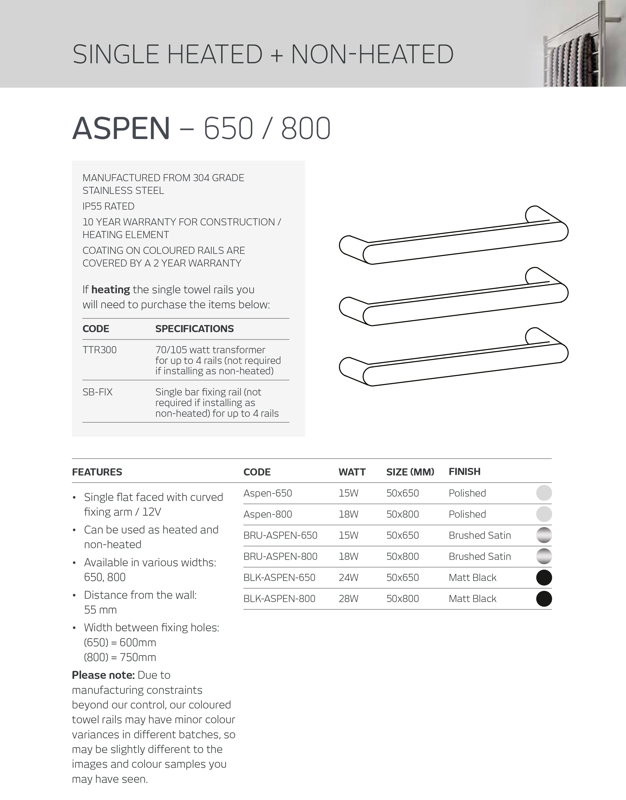 RADIANT HEATING ASPEN CURVED HEATED SINGLE TOWEL RAIL BRUSHED SATIN 650MM AND 800MM