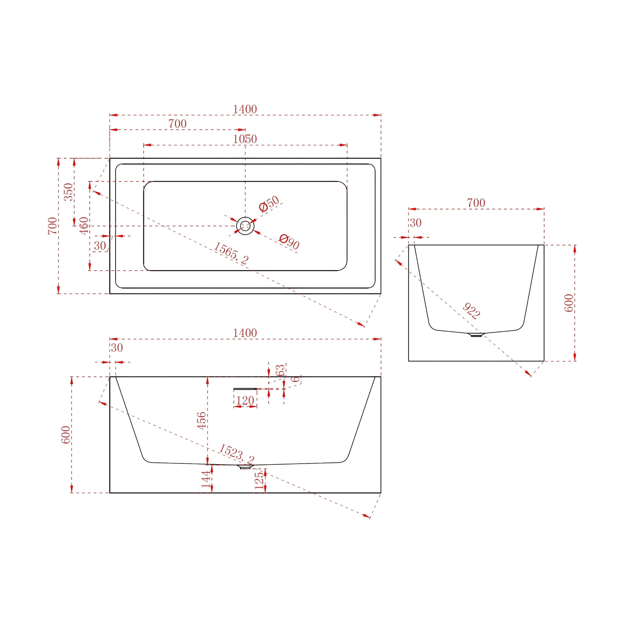 BROADWAY ATAUD SLIMLINE FREESTANDING BATHTUB GLOSS WHITE (MULTIPLE SIZES AVAILABLE)