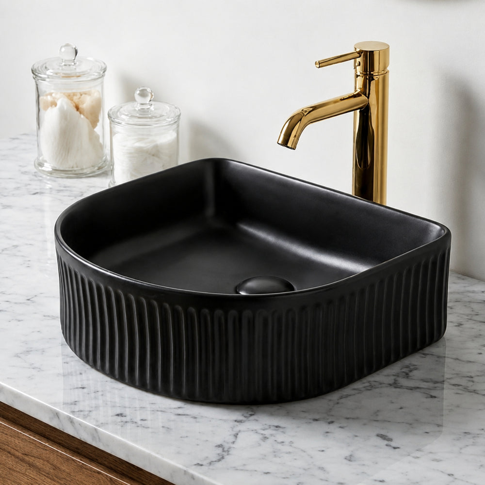 VITO ATHENA FLUTED ARCH PREMIUM CERAMIC ABOVE COUNTER BASIN MATTE BLACK 400MM
