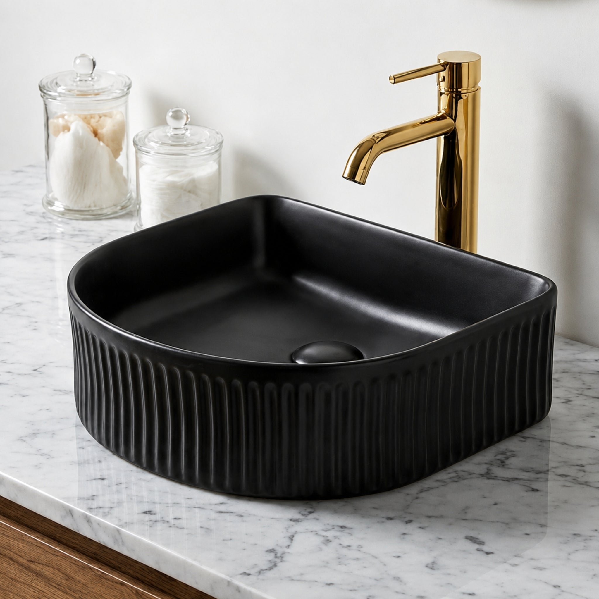 VITO ATHENA FLUTED ARCH PREMIUM CERAMIC ABOVE COUNTER BASIN MATTE BLACK 400MM
