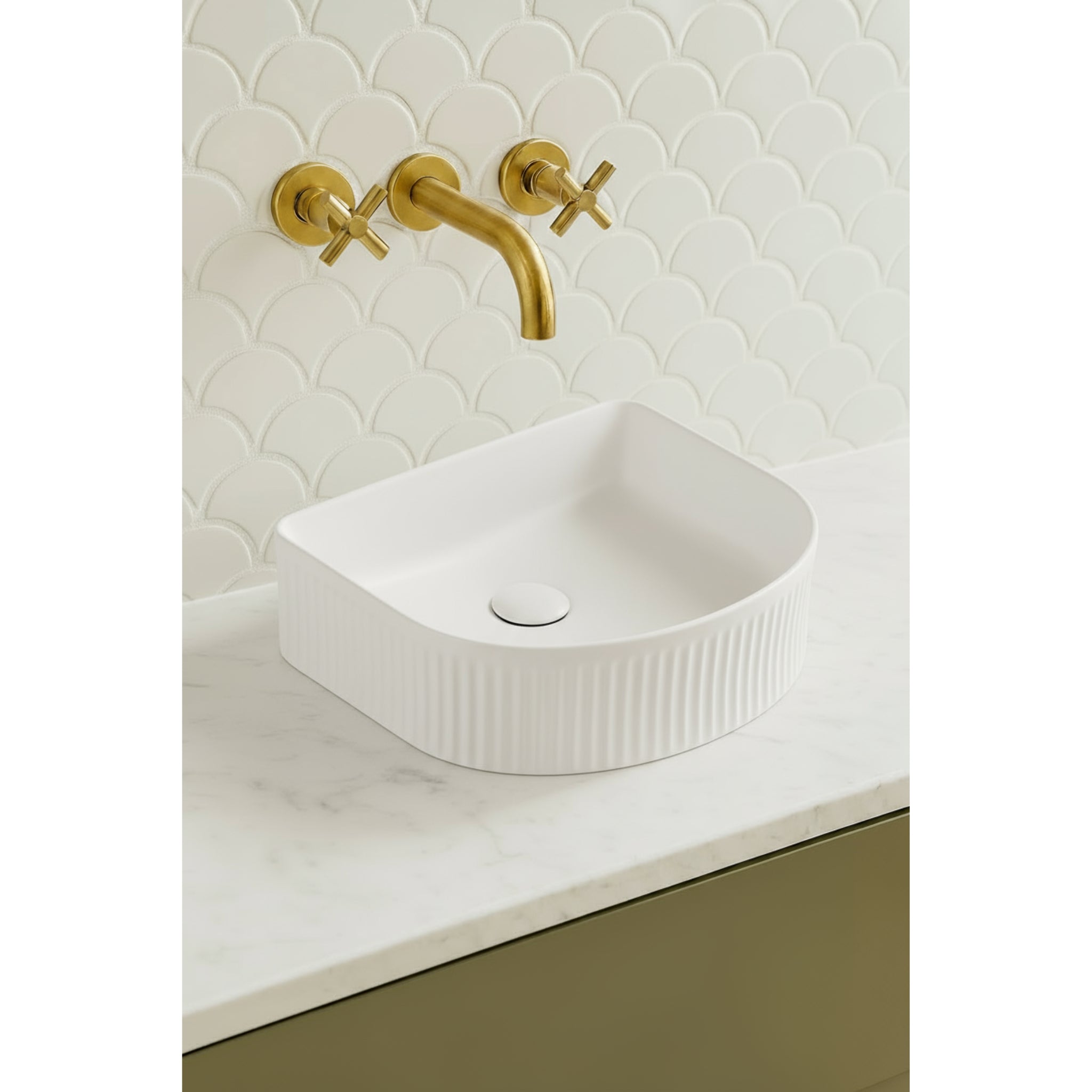 VITO ATHENA FLUTED ARCH PREMIUM CERAMIC ABOVE COUNTER BASIN MATTE WHITE 400MM