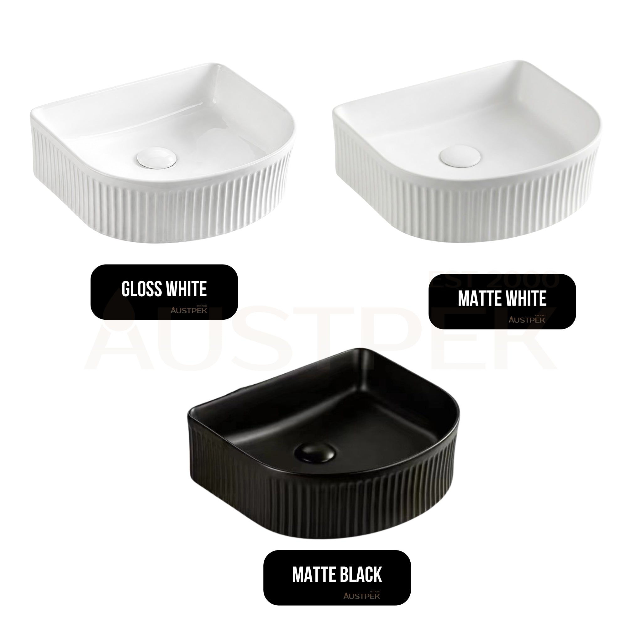 VITO ATHENA FLUTED ARCH PREMIUM CERAMIC ABOVE COUNTER BASIN MATTE WHITE 400MM