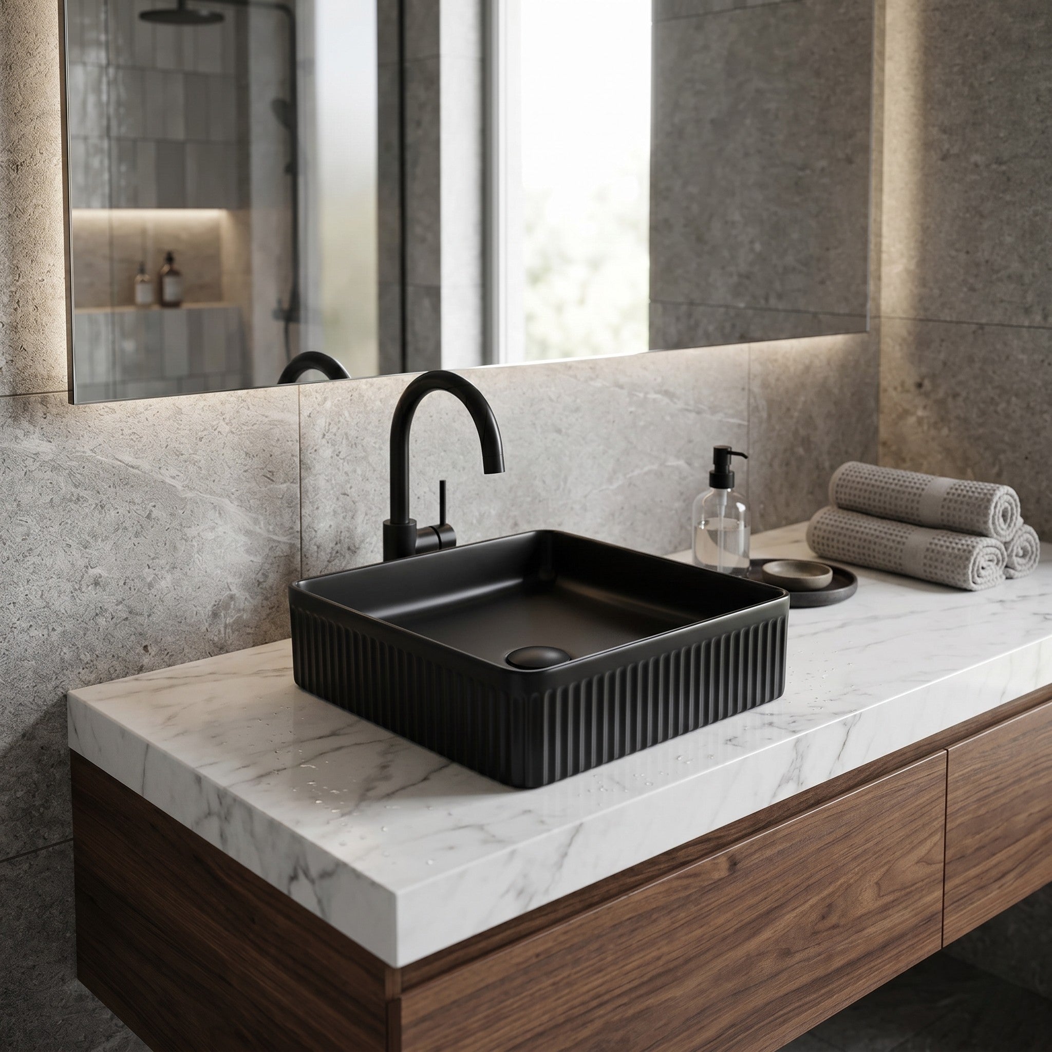 VITO ATHENA FLUTED SQUARE ABOVE COUNTER BASIN MATTE BLACK 400MM