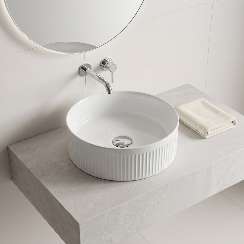 VITO ATHENA FLUTED ROUND ABOVE COUNTER BASIN GLOSS WHITE 410MM