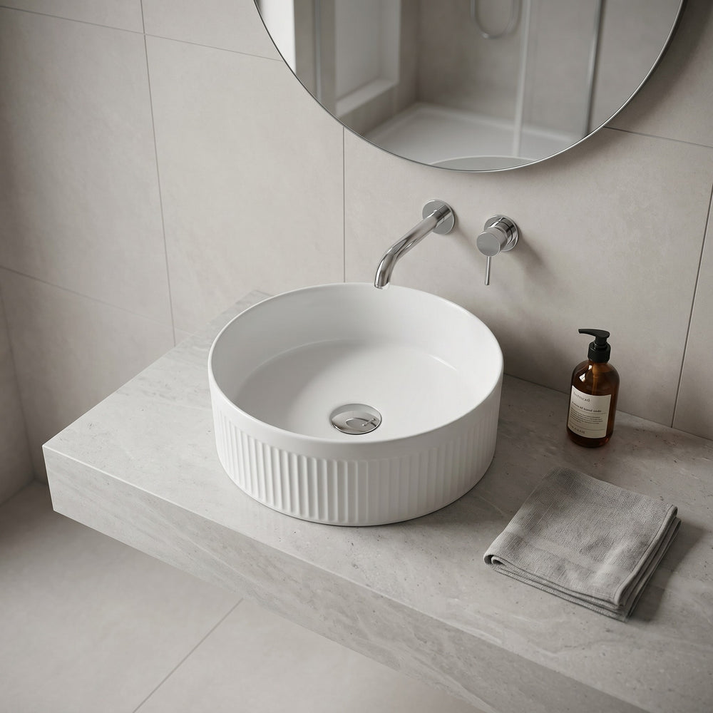 VITO ATHENA FLUTED ROUND ABOVE COUNTER BASIN MATTE WHITE 410MM