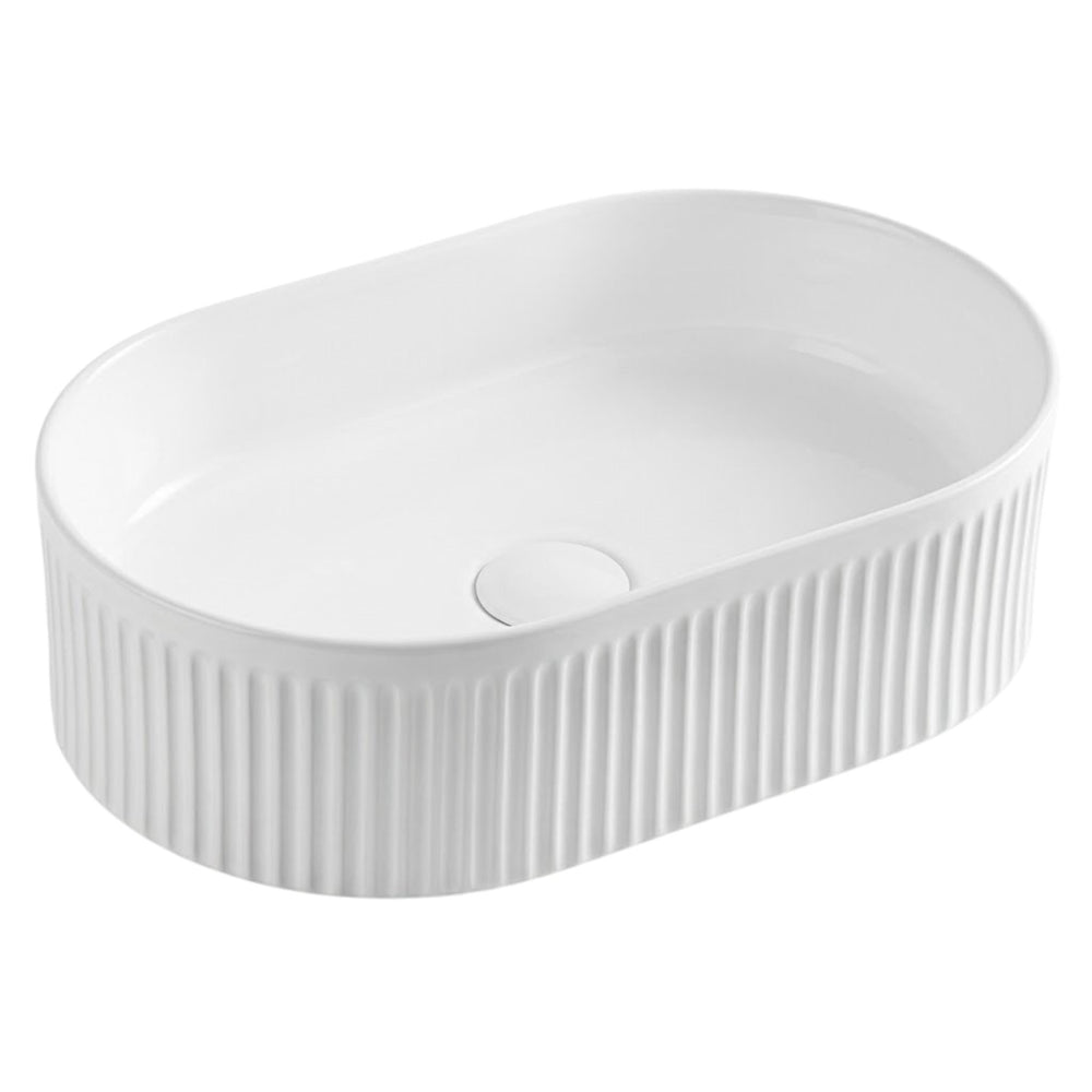 VITO ATHENA FLUTED PREMIUM CERAMIC ABOVE COUNTER BASIN GLOSS WHITE 490MM