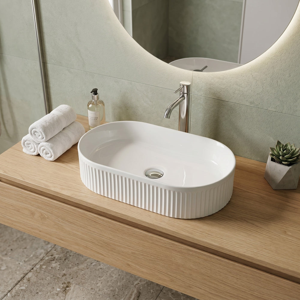 VITO ATHENA FLUTED PREMIUM CERAMIC ABOVE COUNTER BASIN GLOSS WHITE 590MM