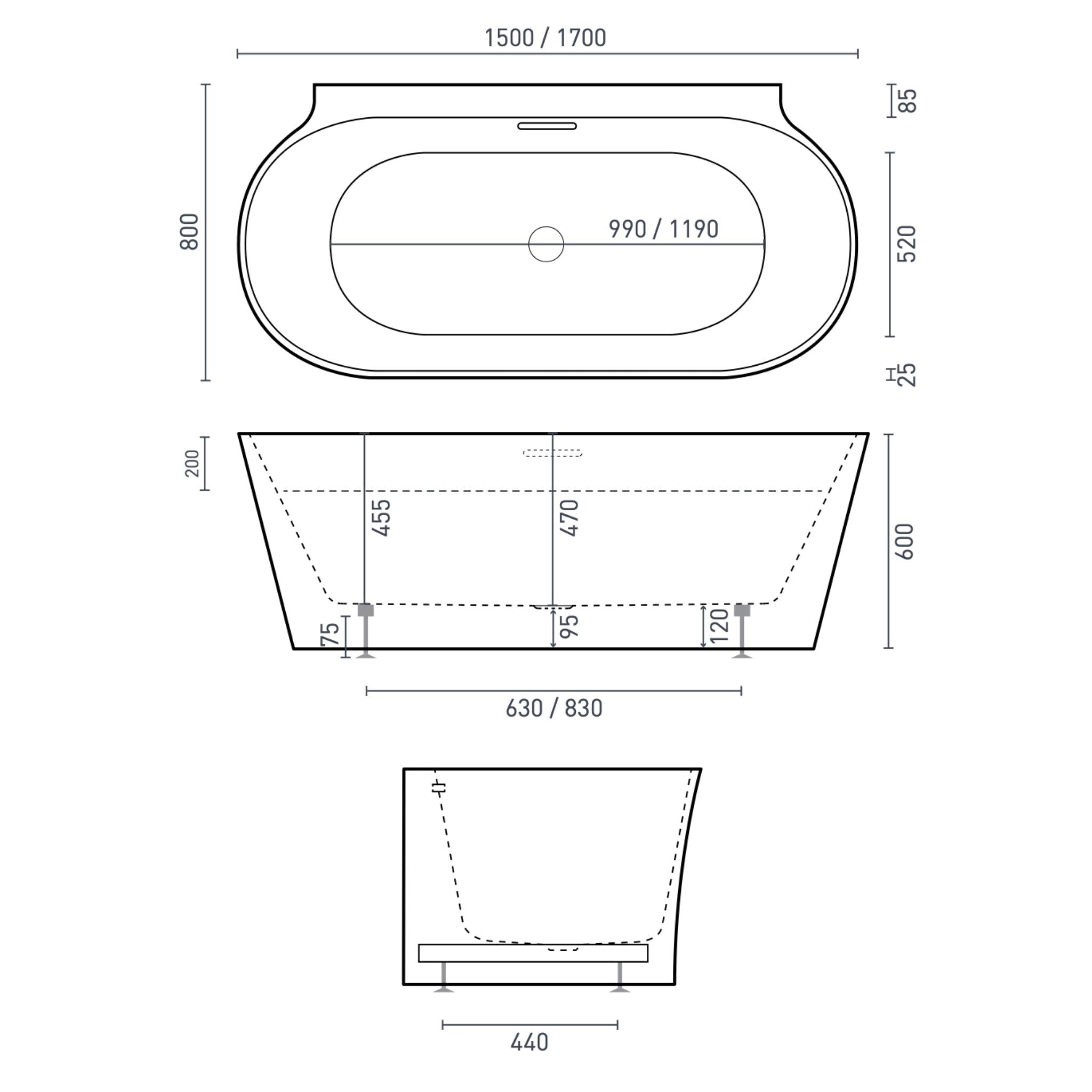 DECINA AURORA BACK TO WALL FREESTANDING BATH WITH INTEGRATED OVERFLOW MATTE WHITE (AVAILABLE IN 1500MM AND 1700MM)