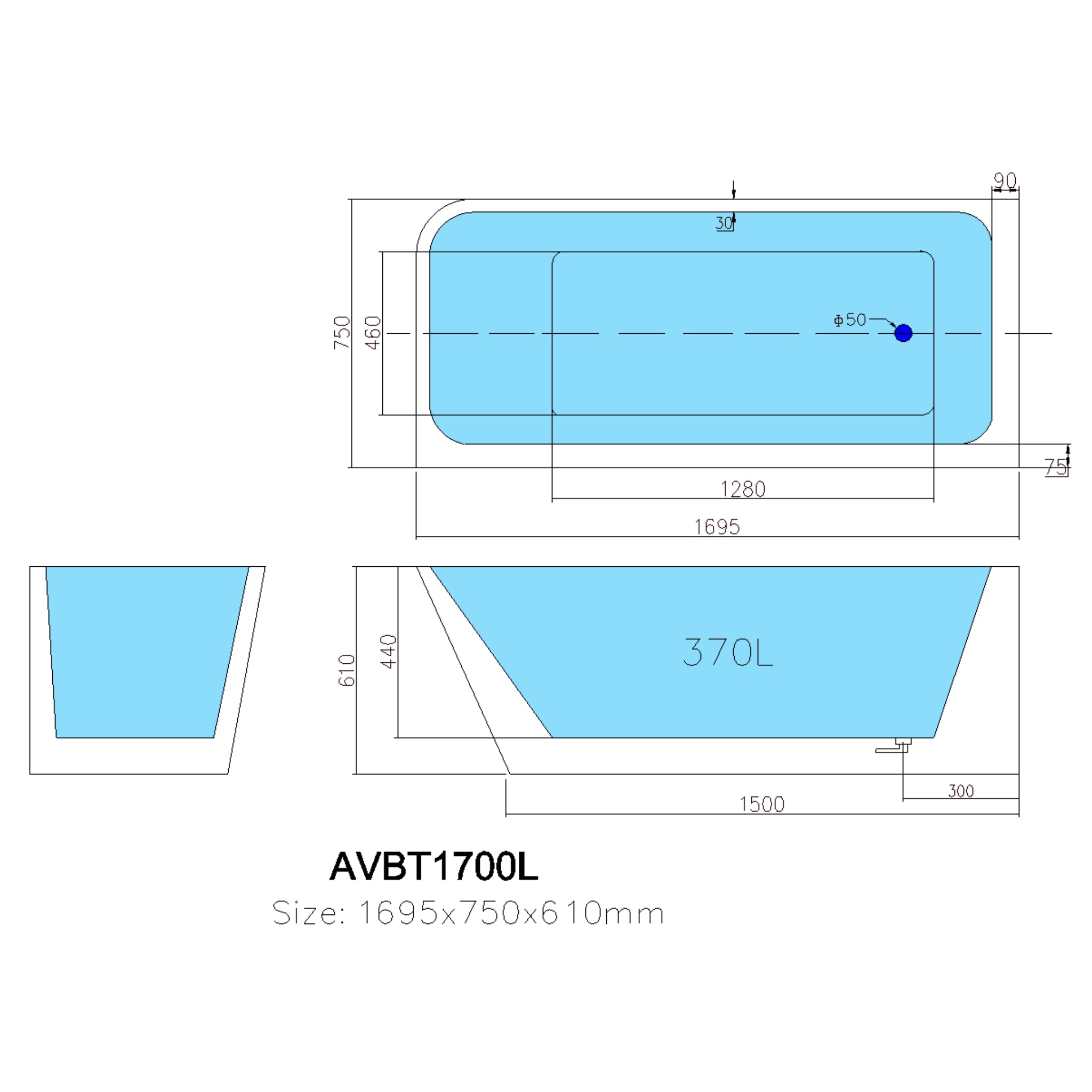 POSEIDON AVIS LEFT CORNER BACK TO WALL BATHTUB GLOSS WHITE (AVAILABLE IN 1500MM AND 1700MM)