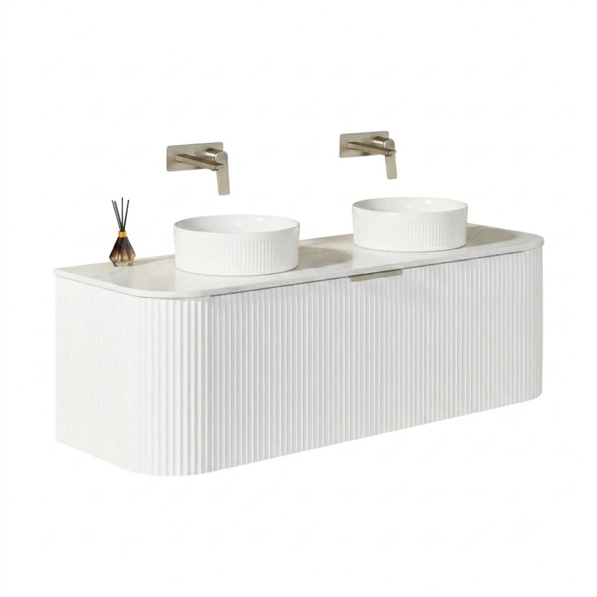 VITO AVANTTI MATTE WHITE 1200MM FLUTED CURVED DOUBLE BOWL WALL HUNG VANITY