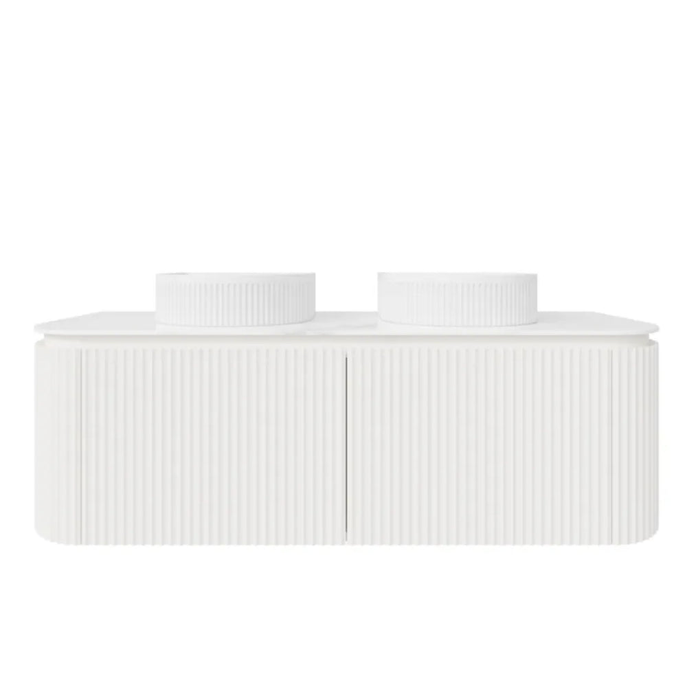 VITO AVANTTI MATTE WHITE 1500MM FLUTED CURVED DOUBLE BOWL WALL HUNG VANITY