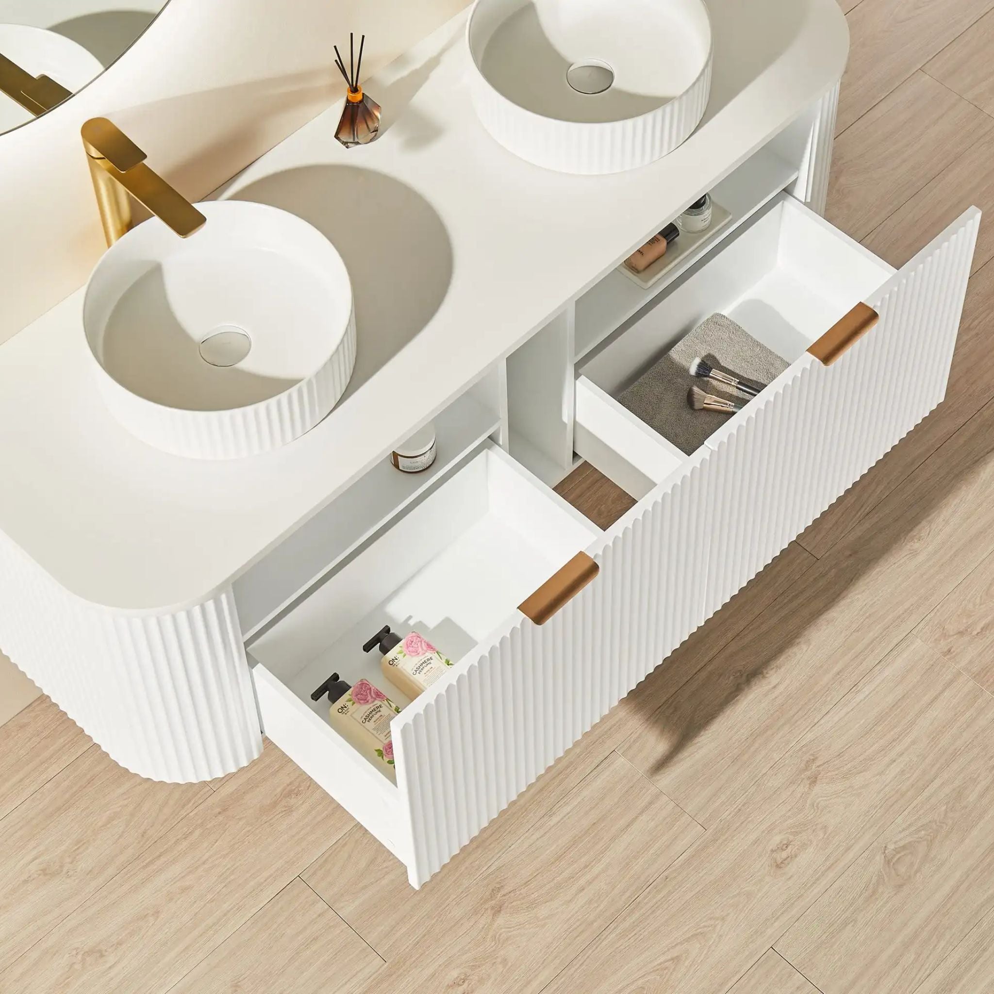 VITO AVANTTI MATTE WHITE 1800MM FLUTED CURVED DOUBLE BOWL WALL HUNG VANITY