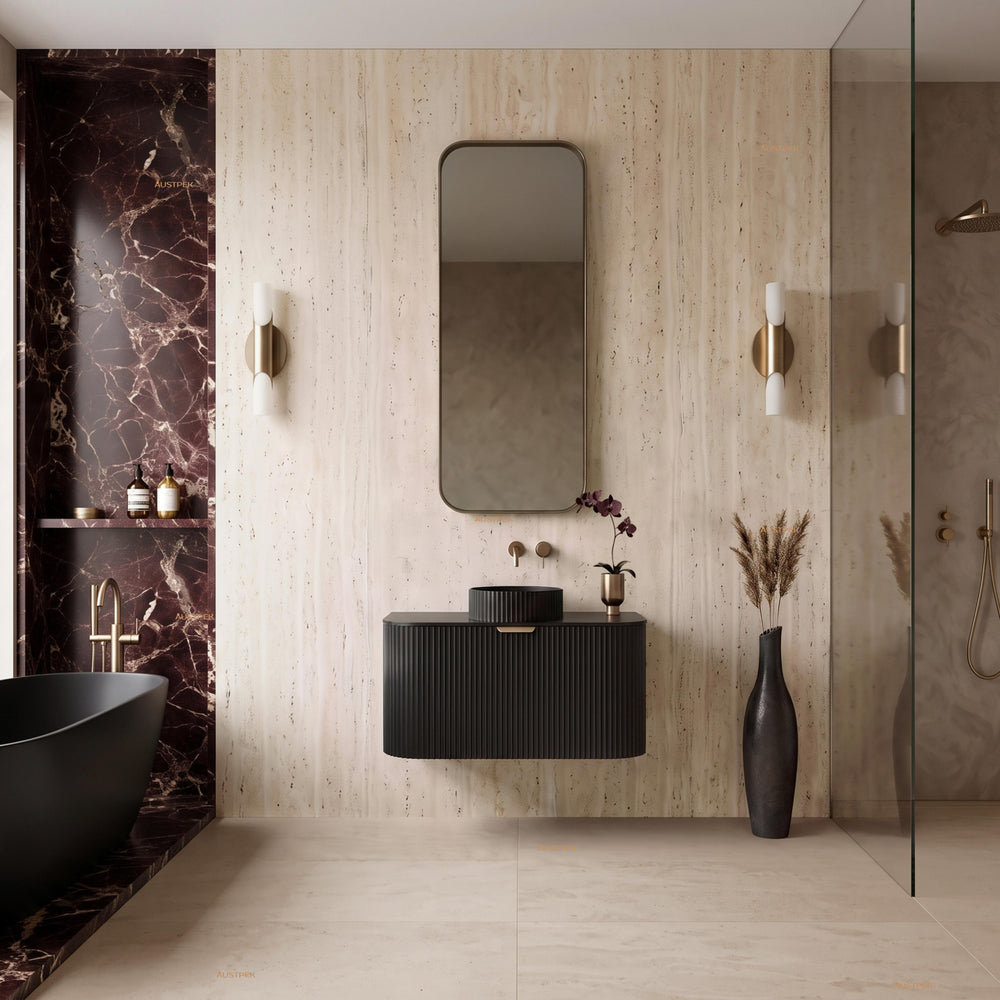 VITO AVANTTI MATTE BLACK 750MM FLUTED CURVED SINGLE BOWL WALL HUNG VANITY