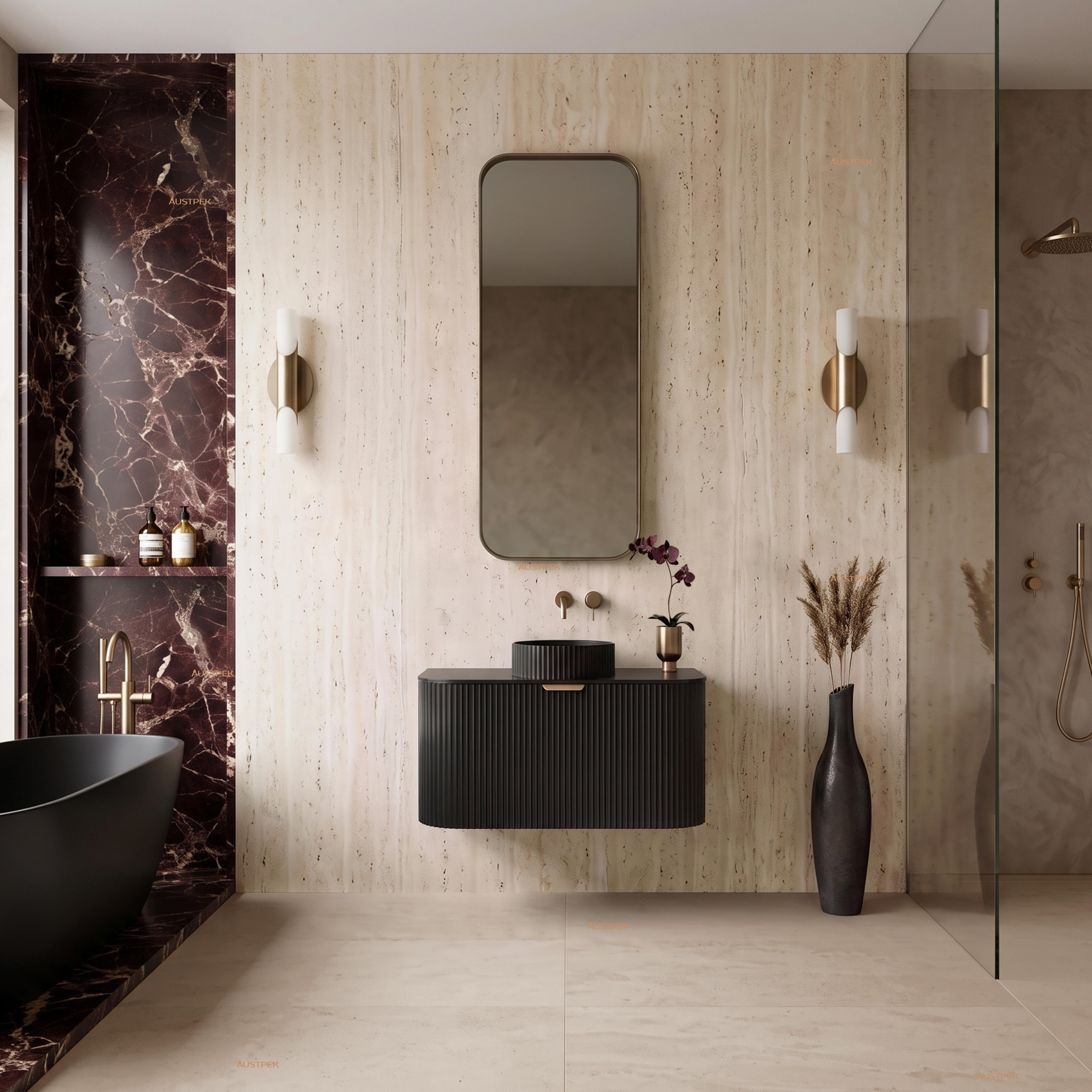 VITO AVANTTI MATTE BLACK 750MM FLUTED CURVED SINGLE BOWL WALL HUNG VANITY