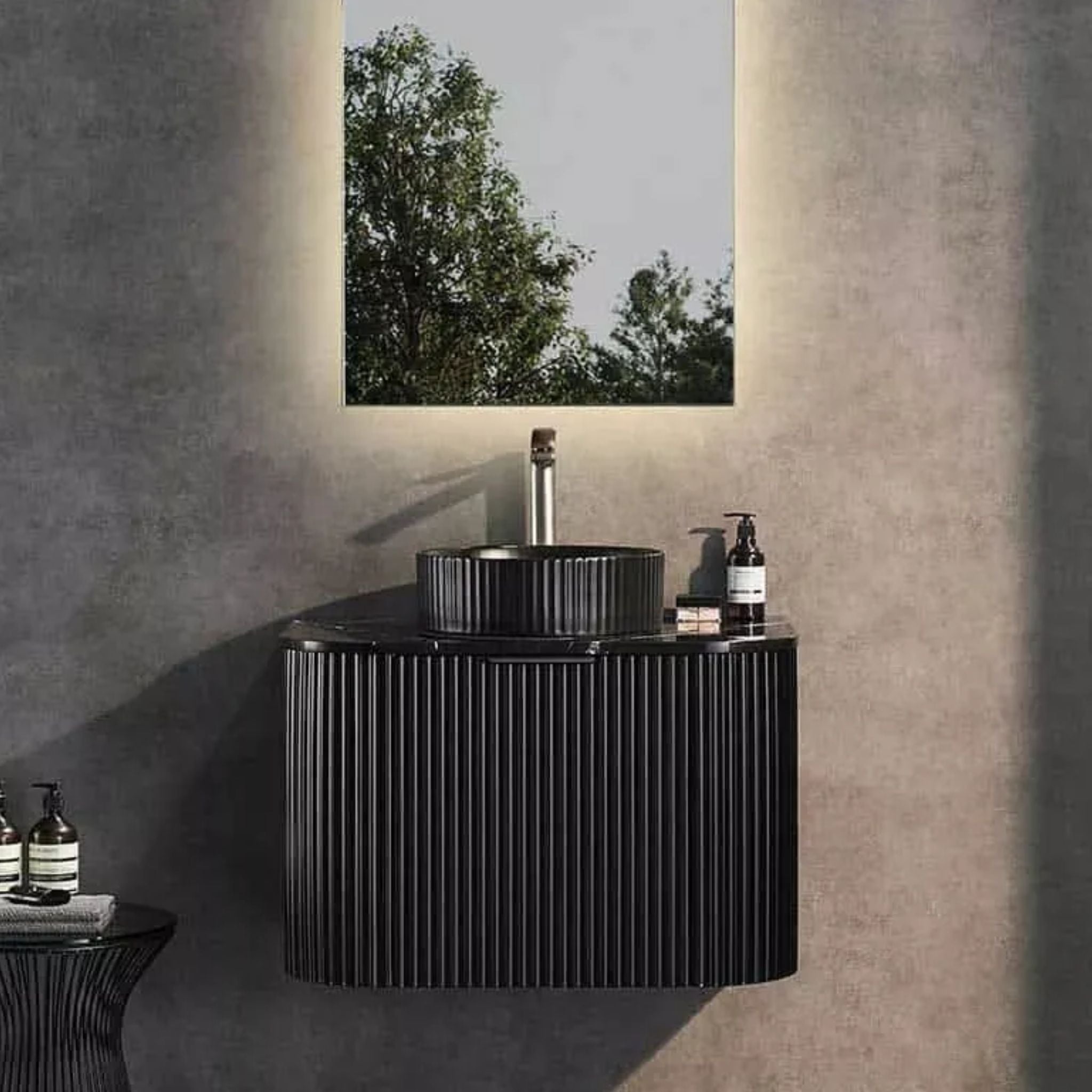 VITO AVANTTI MATTE BLACK 600MM FLUTED CURVED SINGLE BOWL WALL HUNG VANITY