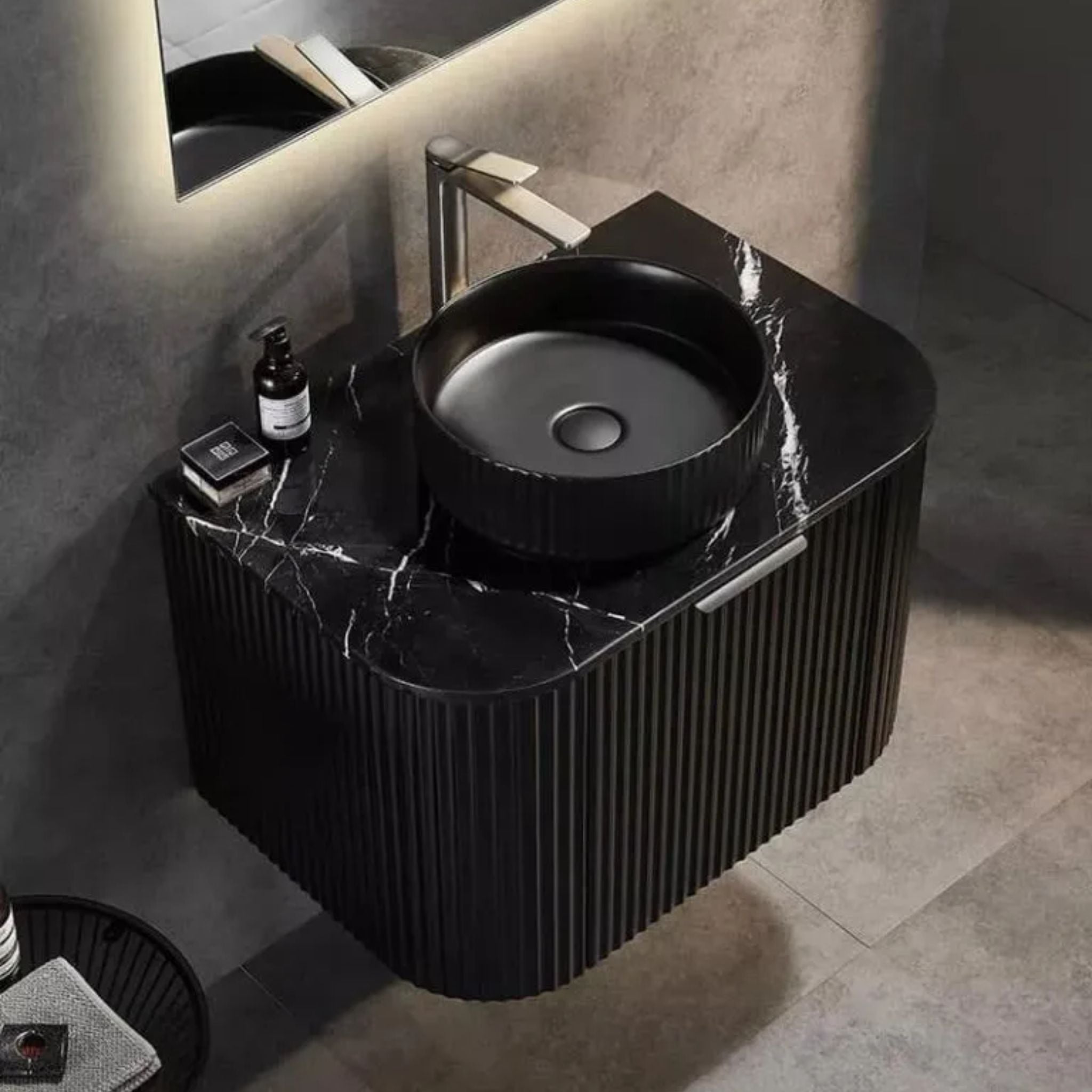 VITO AVANTTI MATTE BLACK 600MM FLUTED CURVED SINGLE BOWL WALL HUNG VANITY