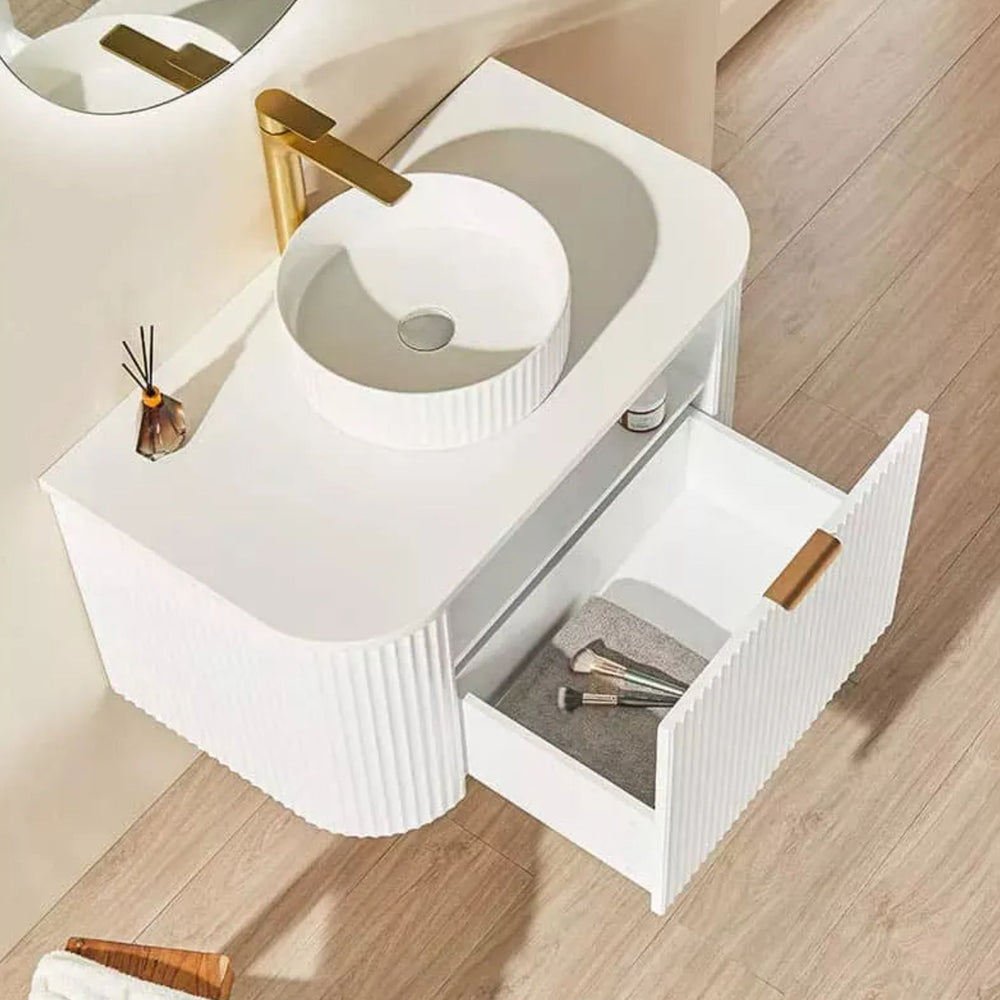 VITO AVANTTI MATTE WHITE 900MM FLUTED CURVED SINGLE BOWL WALL HUNG VANITY