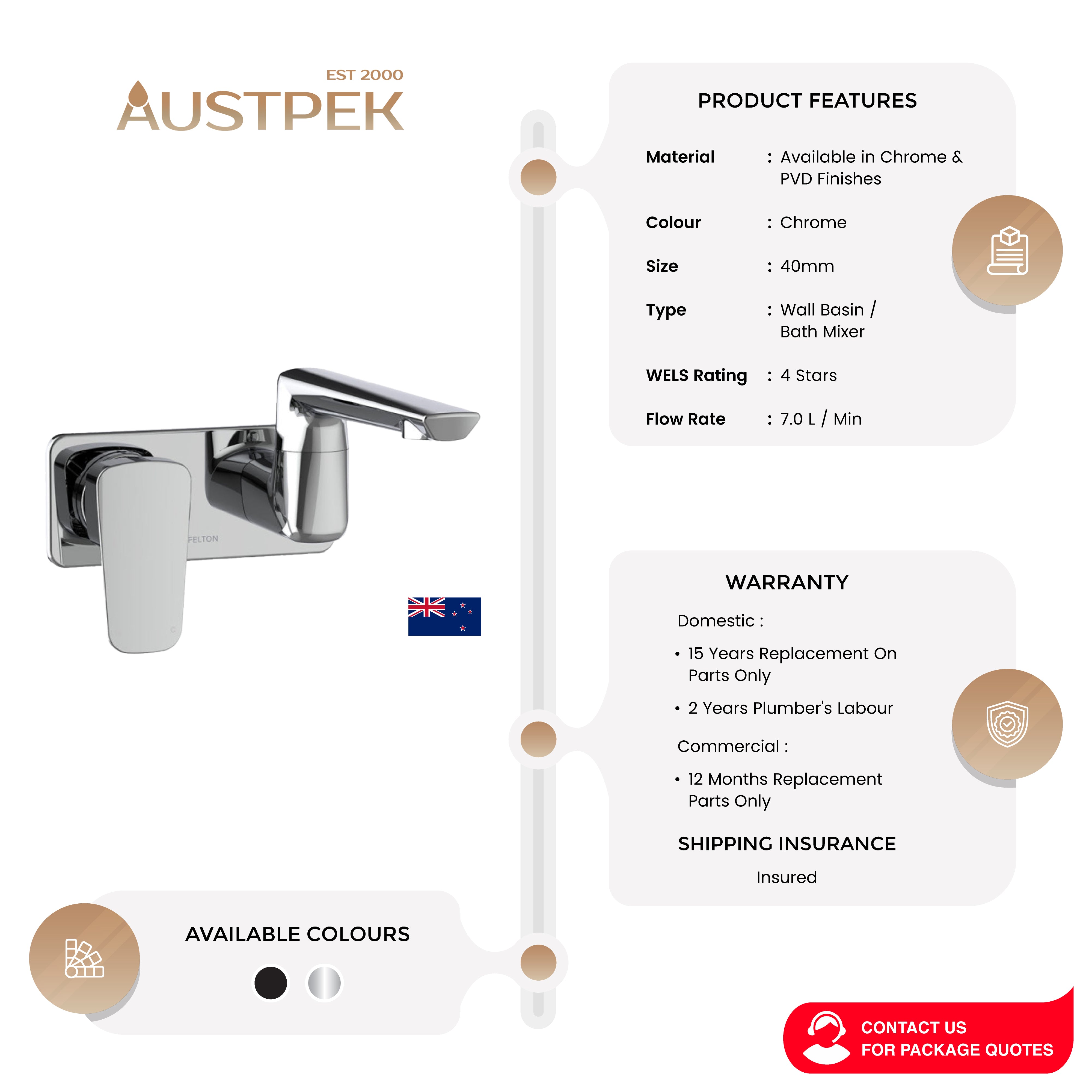 FELTON AXISS WALL MOUNTED SWIVEL BASIN / BATH MIXER CHROME