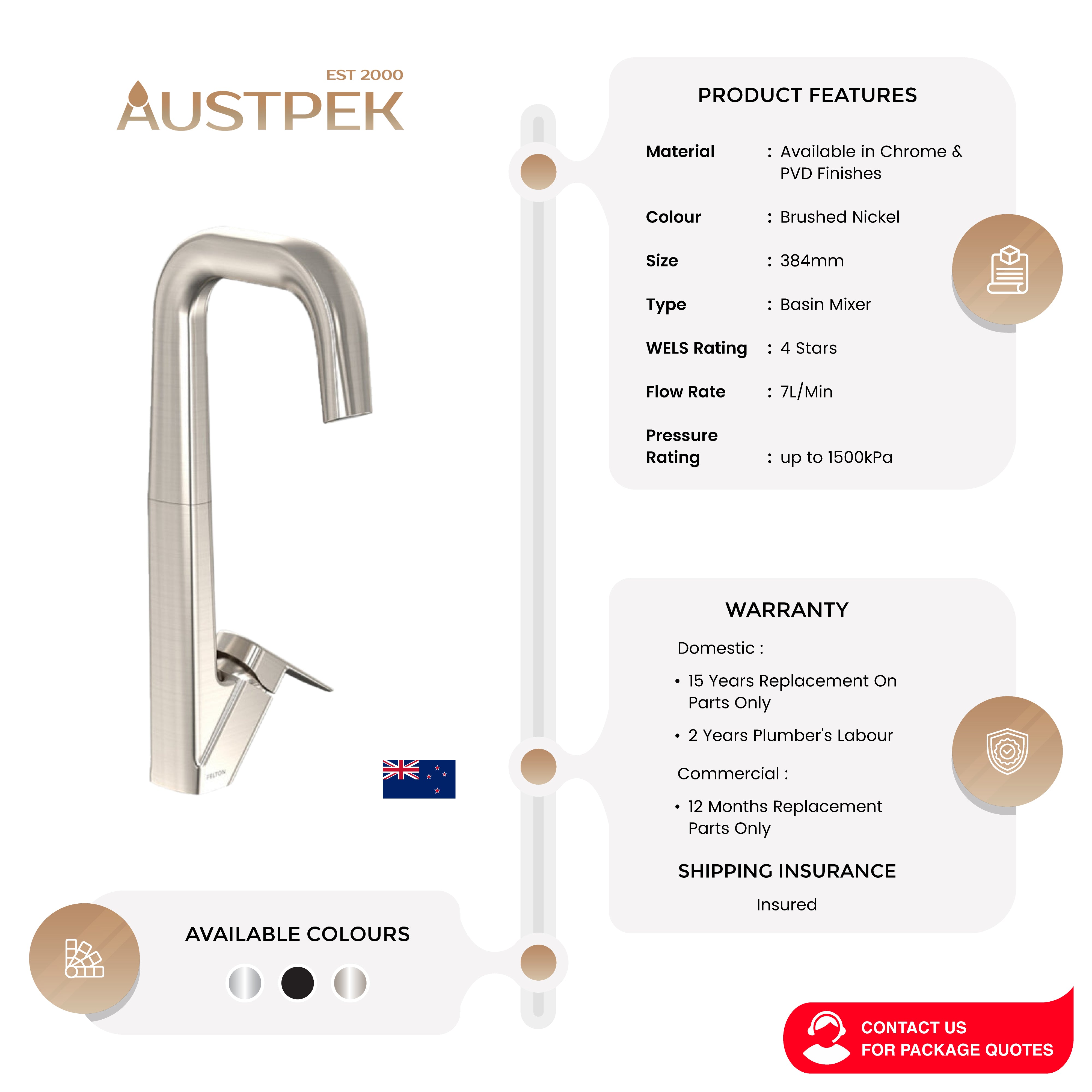 FELTON AXISS SINK MIXER 384MM BRUSHED NICKEL