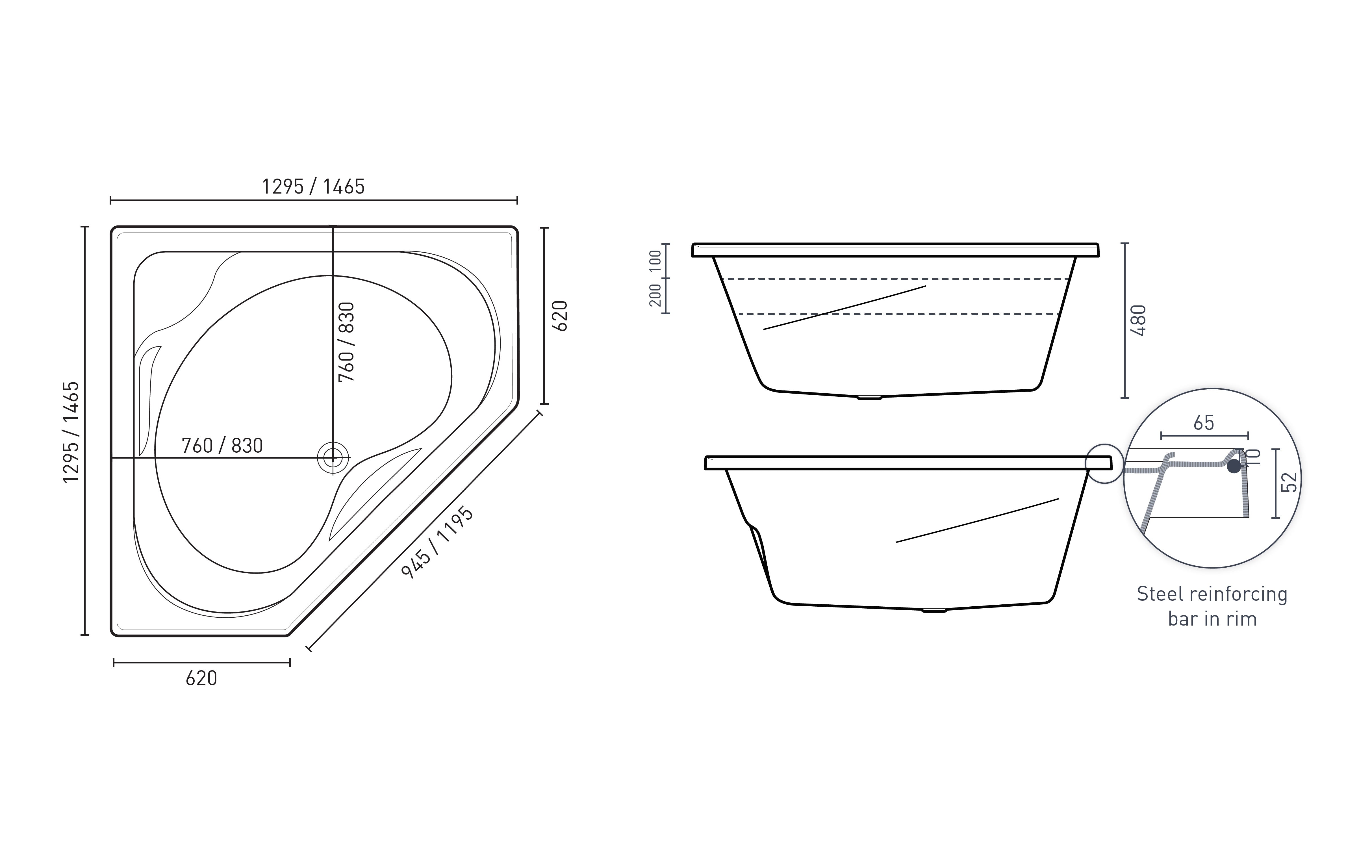 DECINA ANGELIQUE CORNER DOLCE VITA SPA BATH GLOSS WHITE (AVAILABLE IN 1295MM AND 1465MM) WITH 18-JETS