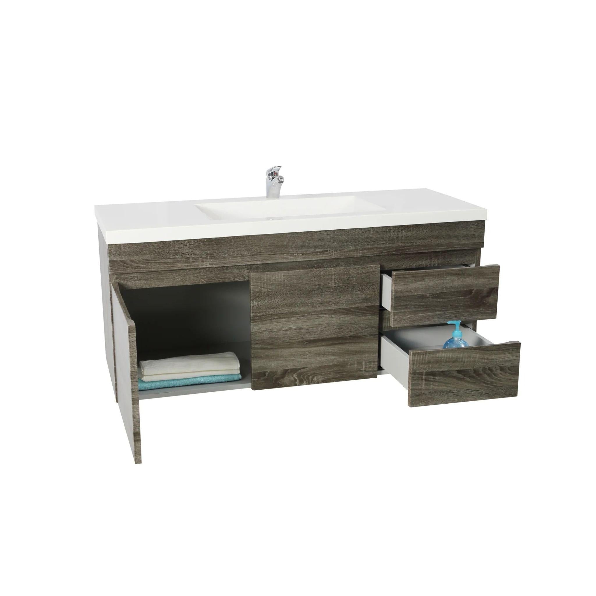 POSEIDON BERGE DARK GREY WOOD GRAIN 1200MM WALL HUNG VANITY (AVAILABLE IN LEFT HAND DRAWER AND RIGHT HAND DRAWER)
