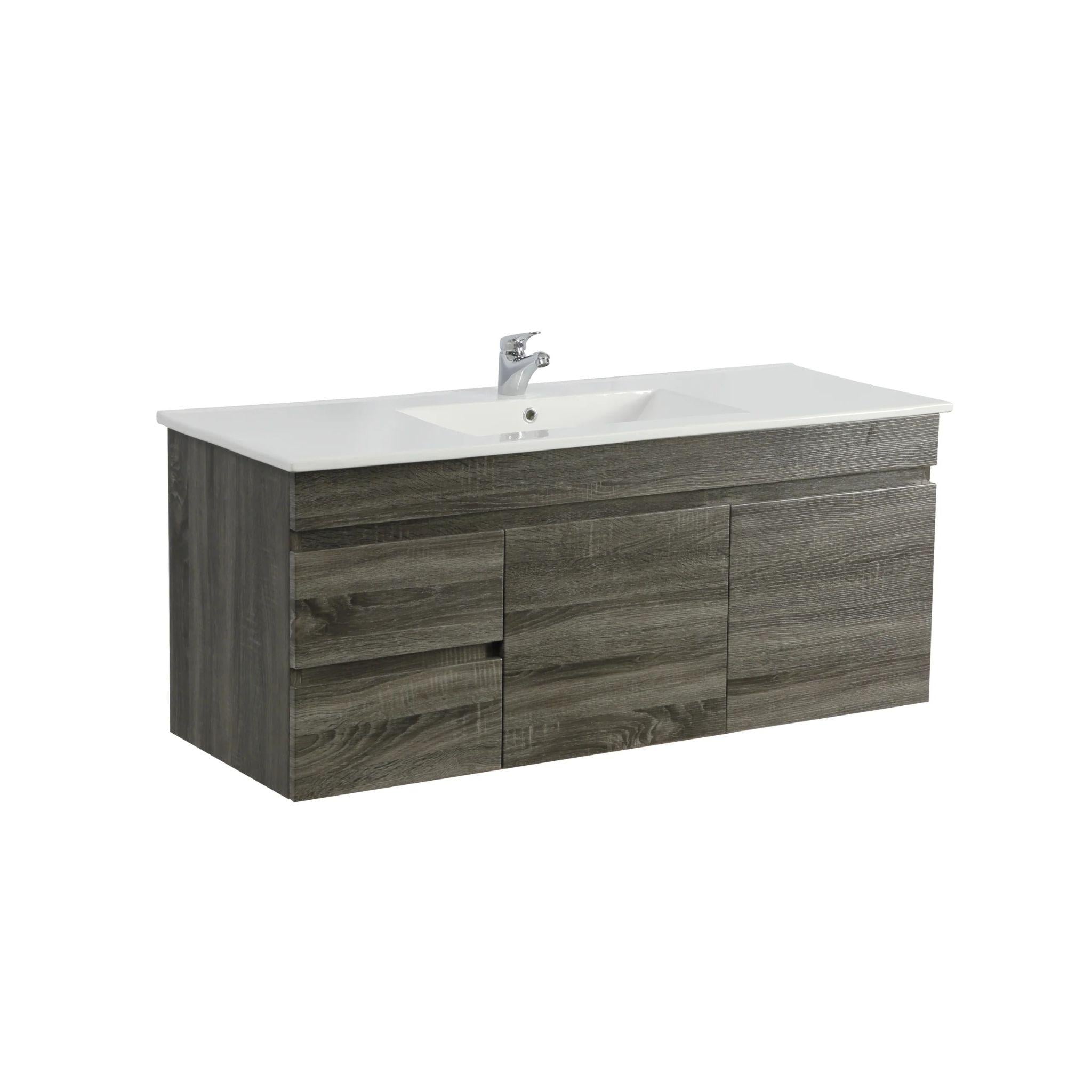 POSEIDON BERGE DARK GREY WOOD GRAIN 1200MM WALL HUNG VANITY (AVAILABLE IN LEFT HAND DRAWER AND RIGHT HAND DRAWER)