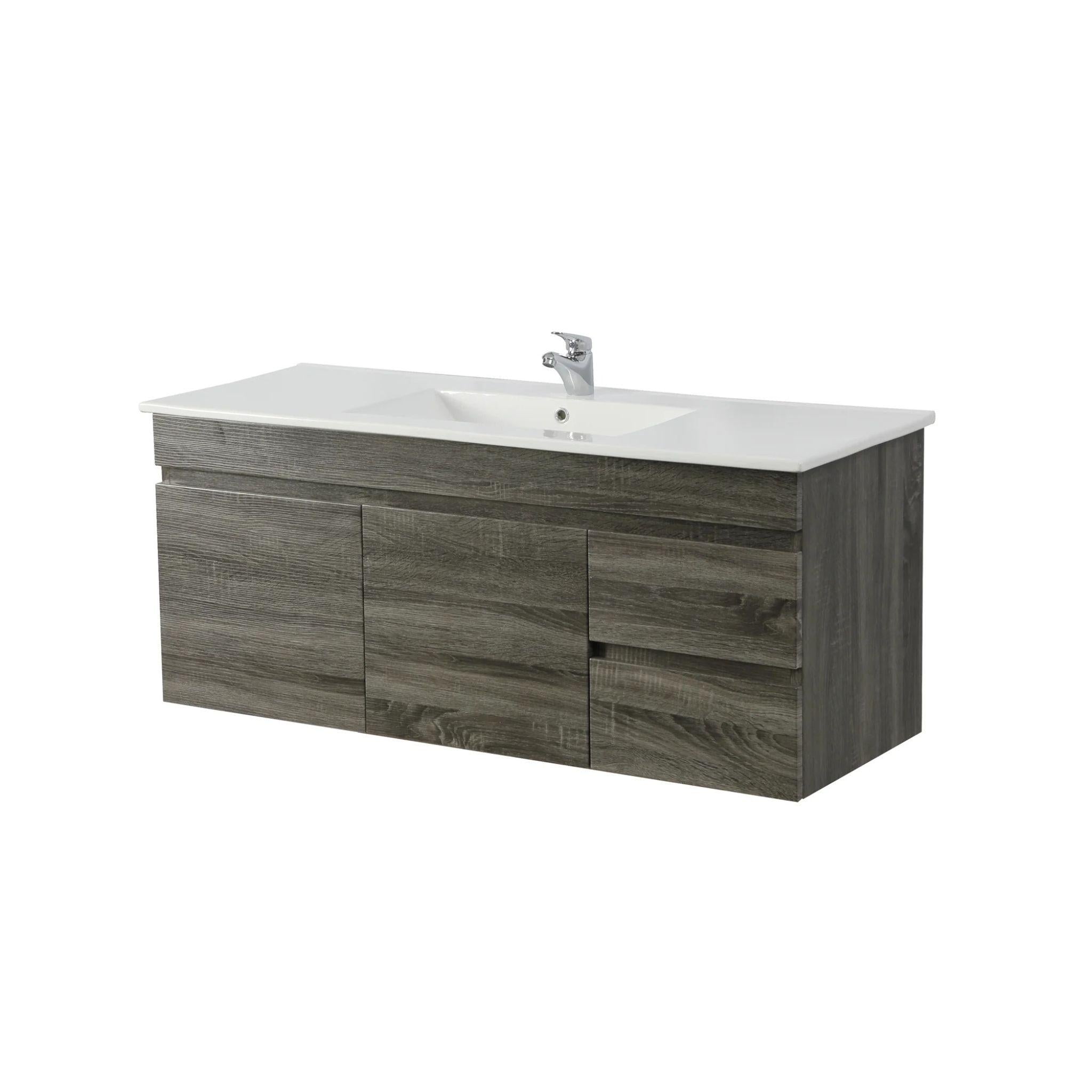 POSEIDON BERGE DARK GREY WOOD GRAIN 1200MM WALL HUNG VANITY (AVAILABLE IN LEFT HAND DRAWER AND RIGHT HAND DRAWER)