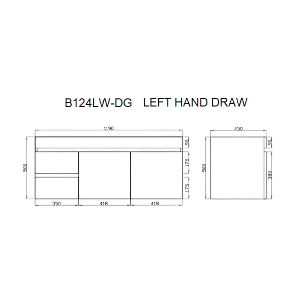 POSEIDON BERGE DARK GREY WOOD GRAIN 1200MM WALL HUNG VANITY (AVAILABLE IN LEFT HAND DRAWER AND RIGHT HAND DRAWER)