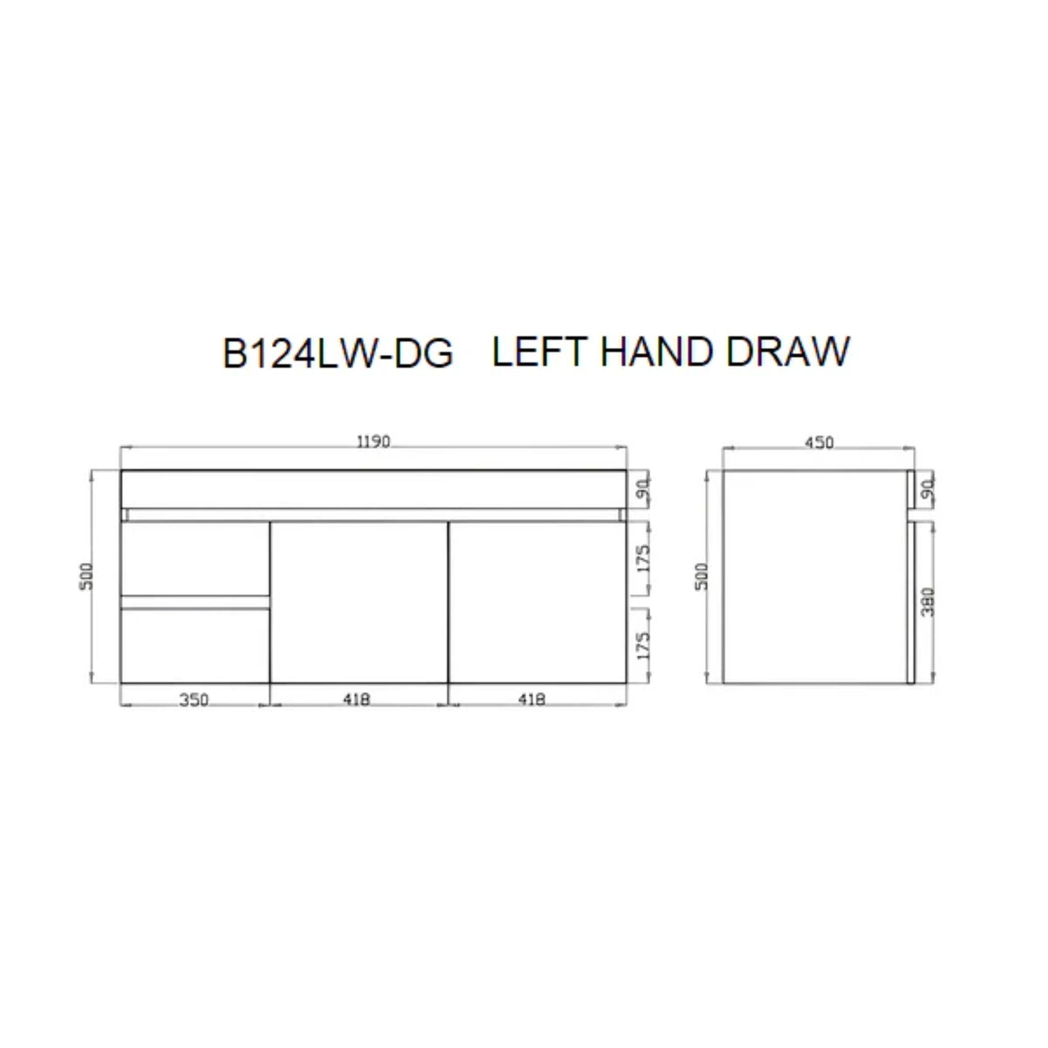 POSEIDON BERGE DARK GREY WOOD GRAIN 1200MM WALL HUNG VANITY (AVAILABLE IN LEFT HAND DRAWER AND RIGHT HAND DRAWER)