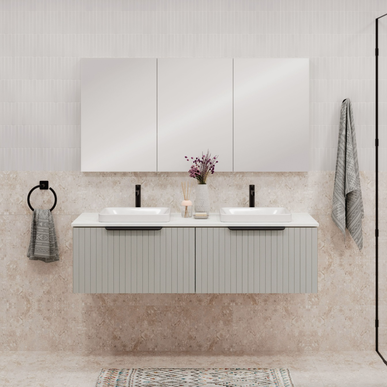 FIENZA BAYVIEW STONE GREY MATTE 1500MM DOUBLE BOWL WALL HUNG VANITY