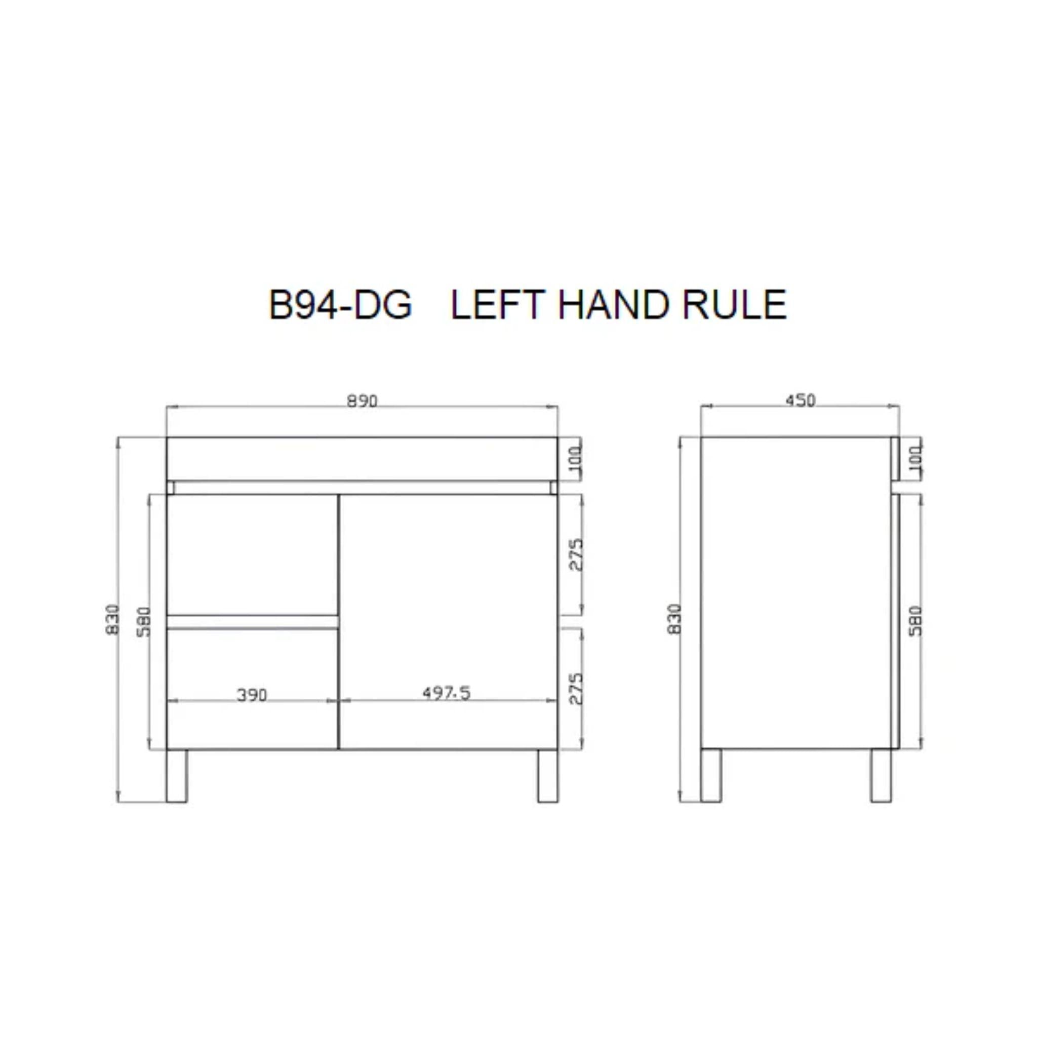 POSEIDON BERGE DARK GREY 900MM FLOOR STANDING VANITY (AVAILABLE IN LEFT HAND DRAWER AND RIGHT HAND DRAWER)