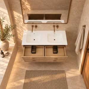 RIVA BANFF COASTAL OAK 1200MM DOUBLE BOWL WALL HUNG VANITY