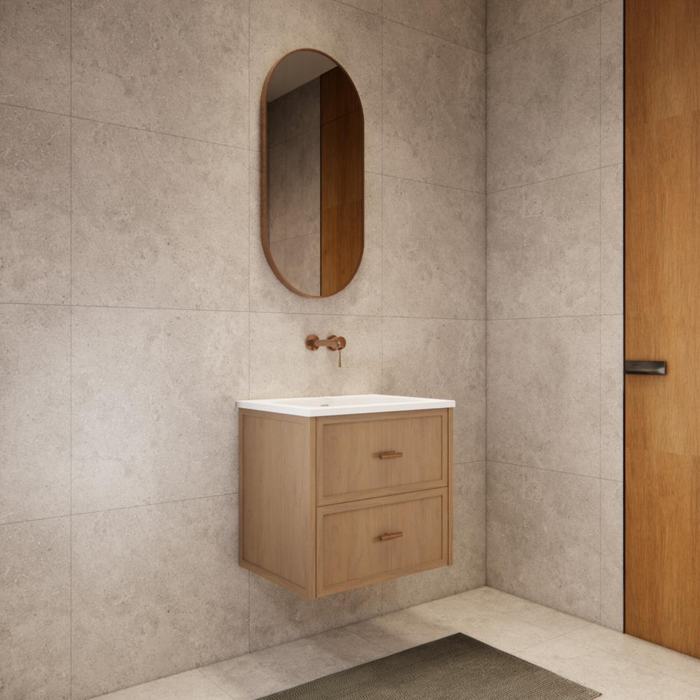 RIVA BANFF COASTAL OAK 600MM SINGLE BOWL WALL HUNG VANITY