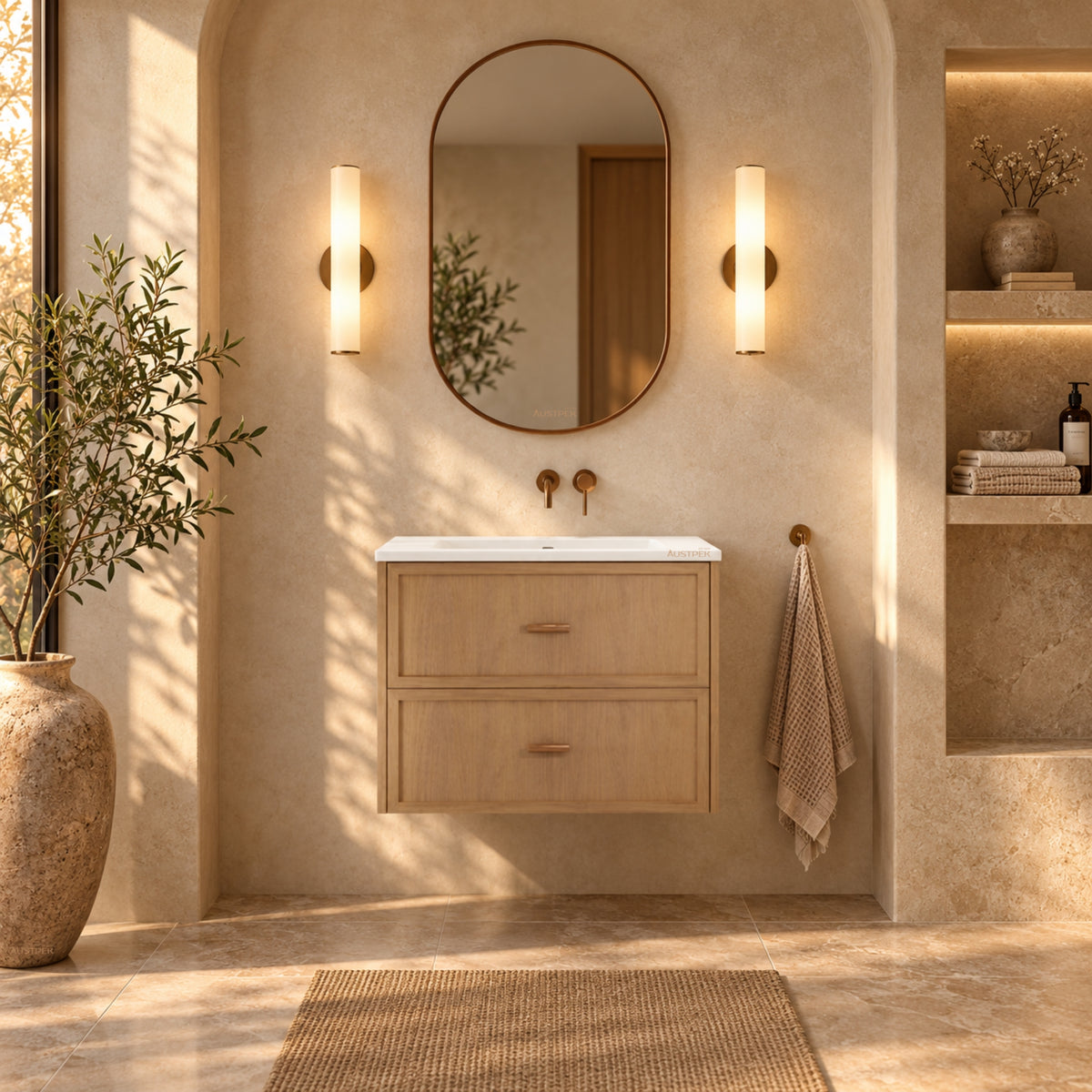 RIVA BANFF COASTAL OAK 750MM SINGLE BOWL WALL HUNG VANITY