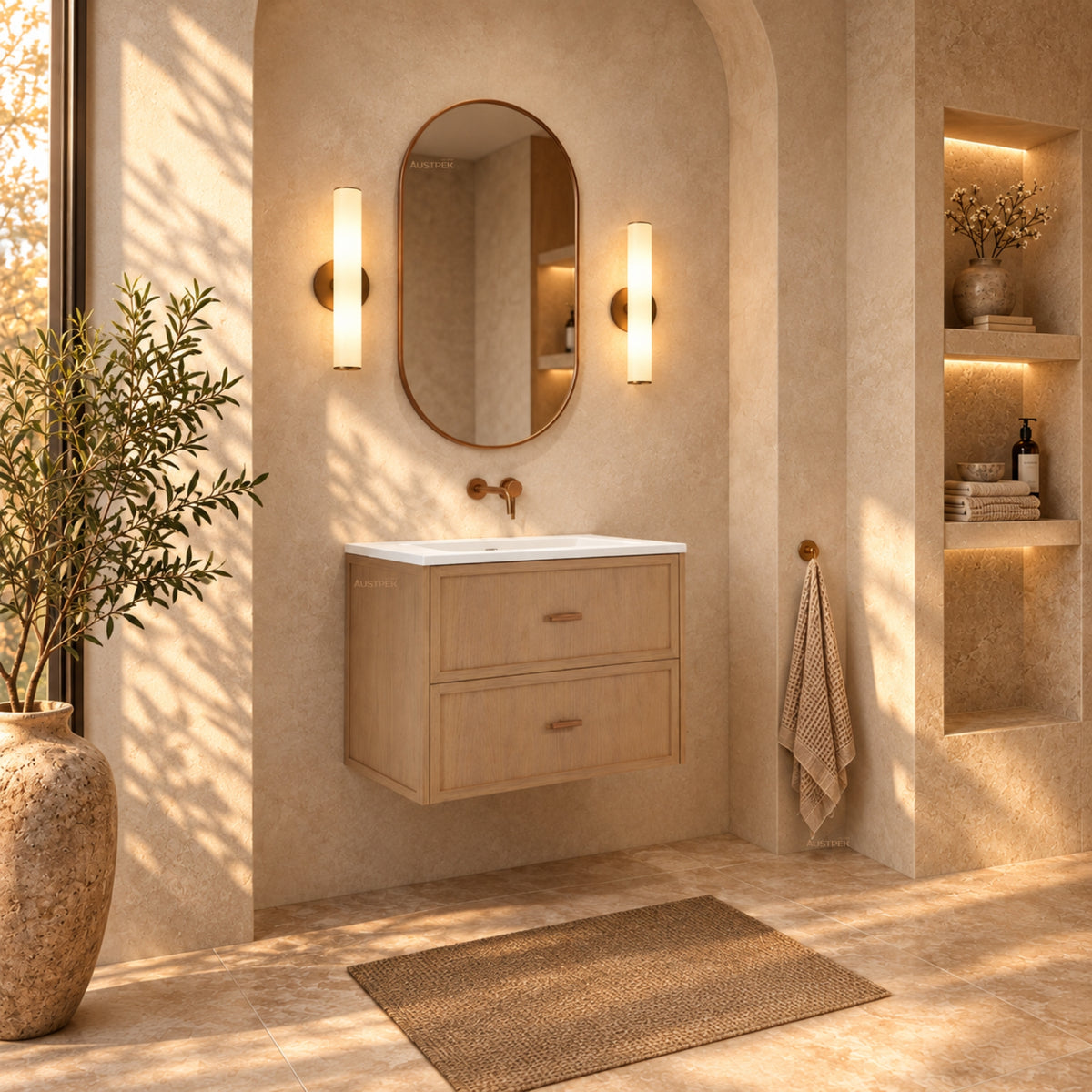 RIVA BANFF COASTAL OAK 750MM SINGLE BOWL WALL HUNG VANITY