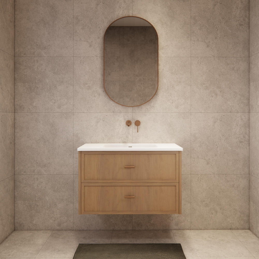 RIVA BANFF COASTAL OAK 900MM SINGLE BOWL WALL HUNG VANITY