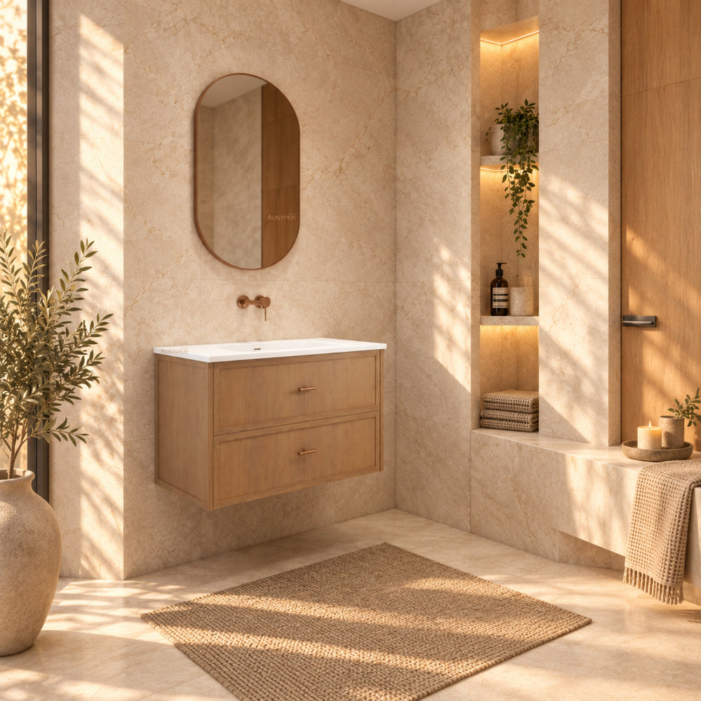 RIVA BANFF COASTAL OAK 900MM SINGLE BOWL WALL HUNG VANITY