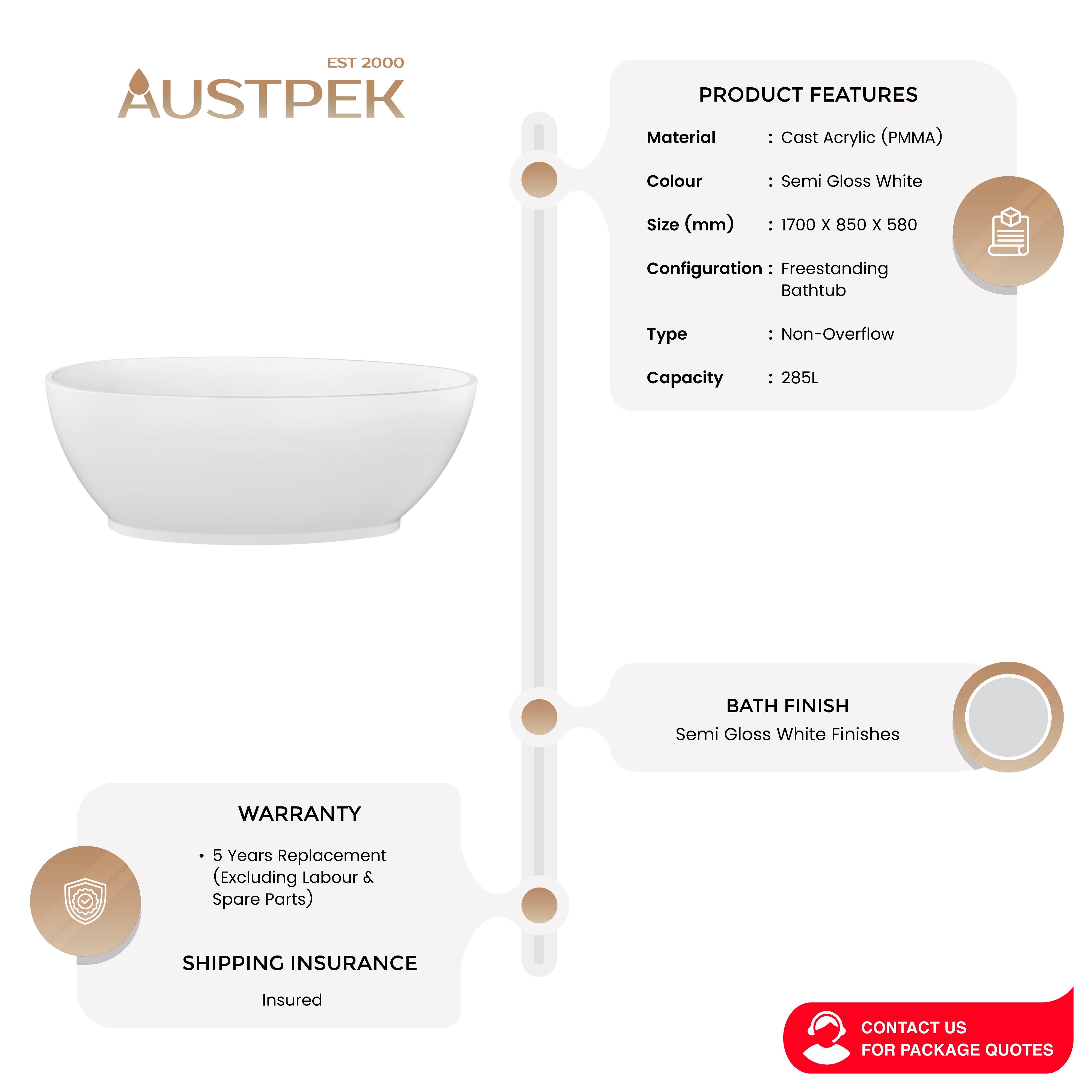 BELBAGNO AVEO FREESTANDING BATHTUB SEMI GLOSS WHITE 1700MM