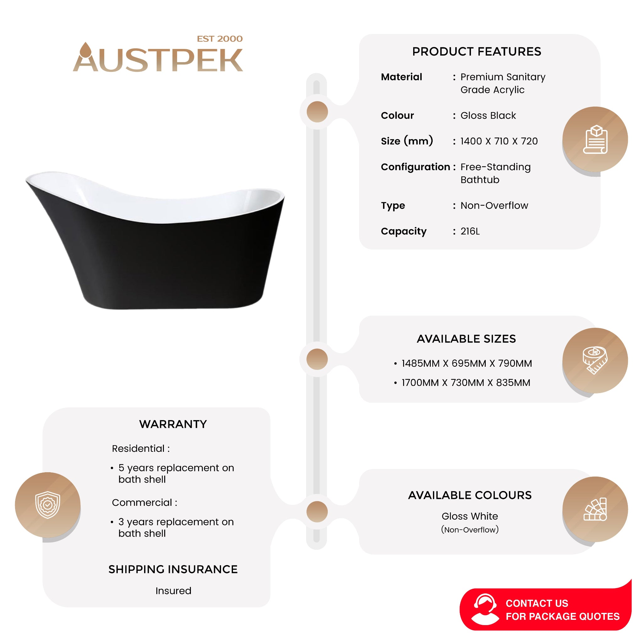 POSEIDON BEVEL FREESTANDING BATHTUB NF GLOSS BLACK AND GLOSS WHITE 1700MM