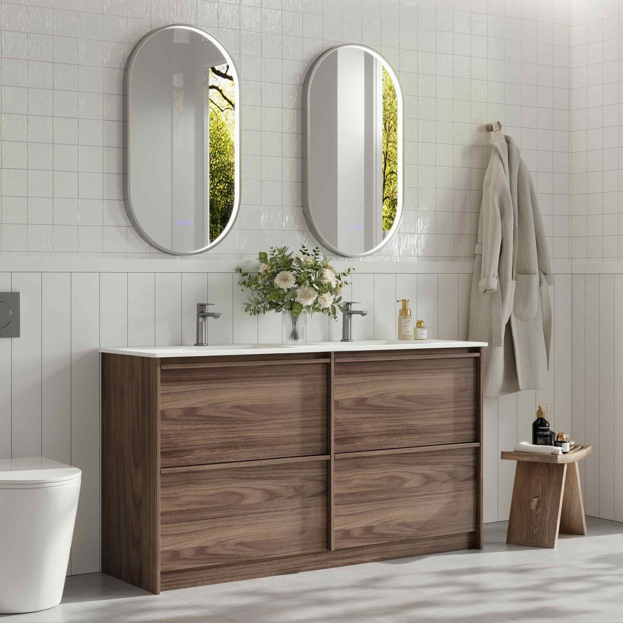 MERCIO BELLA NOTAIO WALNUT 1500MM DOUBLE BOWL FLOOR STANDING VANITY
